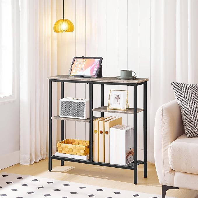 HOOBRO Narrow Console Table, Sofa Table, 4-Tier Industrial Entryway Table with Metal Mesh Shelf, Hallway Table with Adjustable Feet, for Entryway, Living Room, Hallway, Greige and Black BG79XG01
