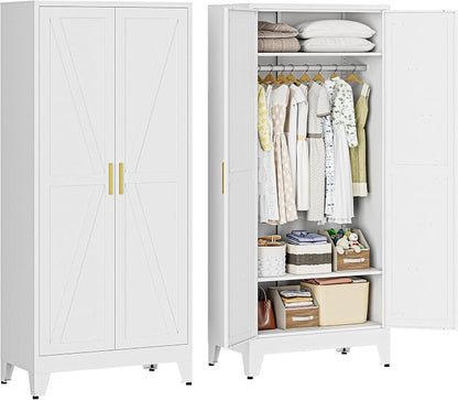 71" H Wardrobe Closet with Doors, Metal Wardrobe Cabinet with 2 Doors and 2 Adjustable Shelves, Armoire Wardrobes Closet with Hanging Rod, Closets for Bedroom, Laundry Room, White