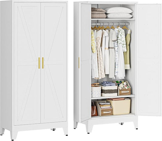 71" H Wardrobe Closet with Doors, Metal Wardrobe Cabinet with 2 Doors and 2 Adjustable Shelves, Armoire Wardrobes Closet with Hanging Rod, Closets for Bedroom, Laundry Room, White