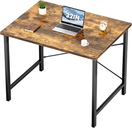 Sweetcrispy 32 Inch Small Computer Desk, Home Office Desk, Small Study Workstation for Bedroom, Study Table with X-Shaped, Modern Simple Gaming Table, Rustic Brown