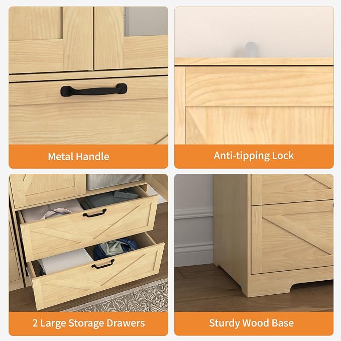 72" Wardrobe Closet with Mirror, Bedroom Armoire with Drawers, Hanging Rod and LED Light, Farmhouse Wooden Clothes Storage Cabinet for Bedroom, Guest Room, Apartment,Natural