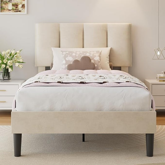 VECELO Twin Size Bed Frame with Upholstered Headboard, Heavy-Duty Bedframe with Wooden Slats & Steel Framework, Easy Assembly, Pale Beige