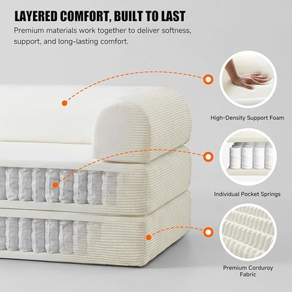 79" Convertible Sleeper Sofa Bed, Corduroy Boneless Fold-Out Couch in a Box, 4-in-1 Loveseat/Futon Couch, High-Density Foam, No Assembly, Side Pockets, 2 Pillows for Small Spaces, White