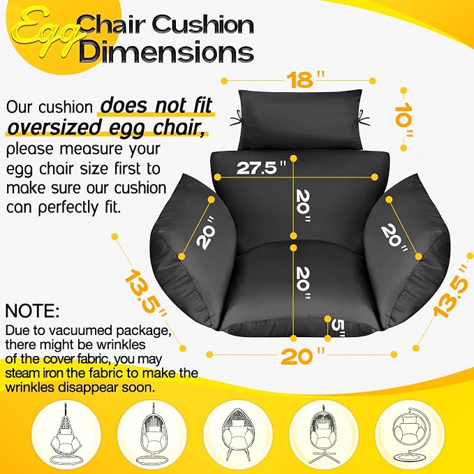 MAGIC ELEPHANT Egg Chair Cushion, Memory Foam Indoor Outdoor Hanging Egg Chair Cushion Replacement, Patio Basket Swing Cushion with Headrest (Black)