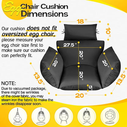 MAGIC ELEPHANT Egg Chair Cushion, Memory Foam Indoor Outdoor Hanging Egg Chair Cushion Replacement, Patio Basket Swing Cushion with Headrest (Black)