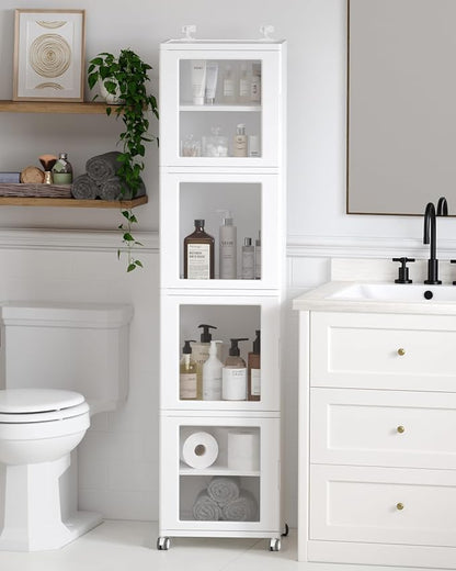 Vtopmart 63.2" Tall Slim Bathroom Storage Cabinet with 4 Adjustable Shelves and 4 Doors, Freestanding Cabinets Organizer with Wheels and Anti-tip for Laundry, Kitchen, Pantry, White