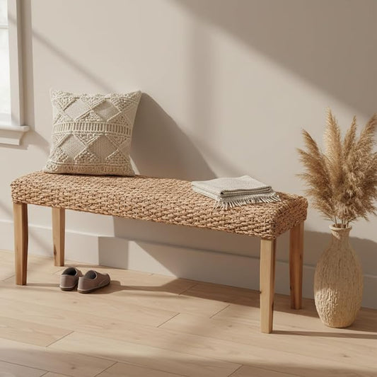 Indoor Bench Wicker for Entryway Bench, Wood Bench for Living Room Dining Bench or End of Bed Bench, 47" Boho Bench with Solid Wood Acacia & Natural Woven Seat, Rustic Farmhouse Rattan Hallway Bench