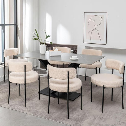 Cinxzar Boucle Dining Chairs Set of 6, Upholstered Dining Room Chairs with Black Metal Legs, Modern Dining Chair for Dining Room, Kitchen (Beige)