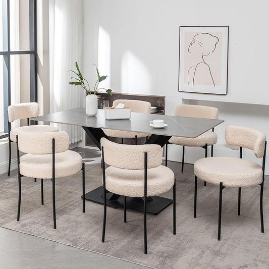 Cinxzar Boucle Dining Chairs Set of 6, Upholstered Dining Room Chairs with Black Metal Legs, Modern Dining Chair for Dining Room, Kitchen (Beige)