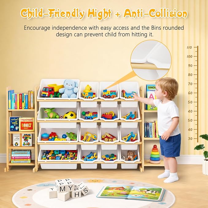 Kids Toy Storage Organizer with Bookshelf – Wooden Shelf with 16 Bins & 6 Shelves, Quick Assembly Storage Rack for Playroom, Bedroom, Nursery - White