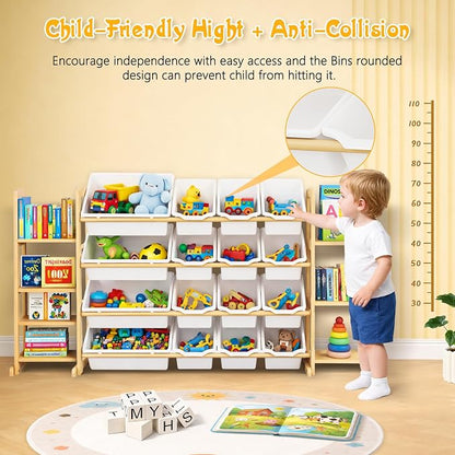 Kids Toy Storage Organizer with Bookshelf – Wooden Shelf with 16 Bins & 6 Shelves, Quick Assembly Storage Rack for Playroom, Bedroom, Nursery - White