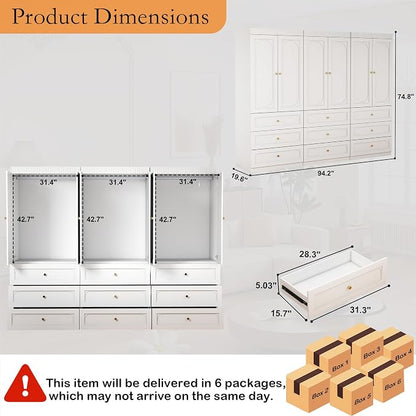 Wooden Wardrobe Closet with Doors: 75" Tall White Armoire Wardrobe Closet with 9 Drawers and 6 Doors, Modern Clothes Cabinets for Bedroom Armoires with Hanging Rod (9-Drawers, 94.5")