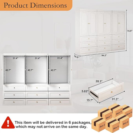 Wooden Wardrobe Closet with Doors: 75" Tall White Armoire Wardrobe Closet with 9 Drawers and 6 Doors, Modern Clothes Cabinets for Bedroom Armoires with Hanging Rod (9-Drawers, 94.5")