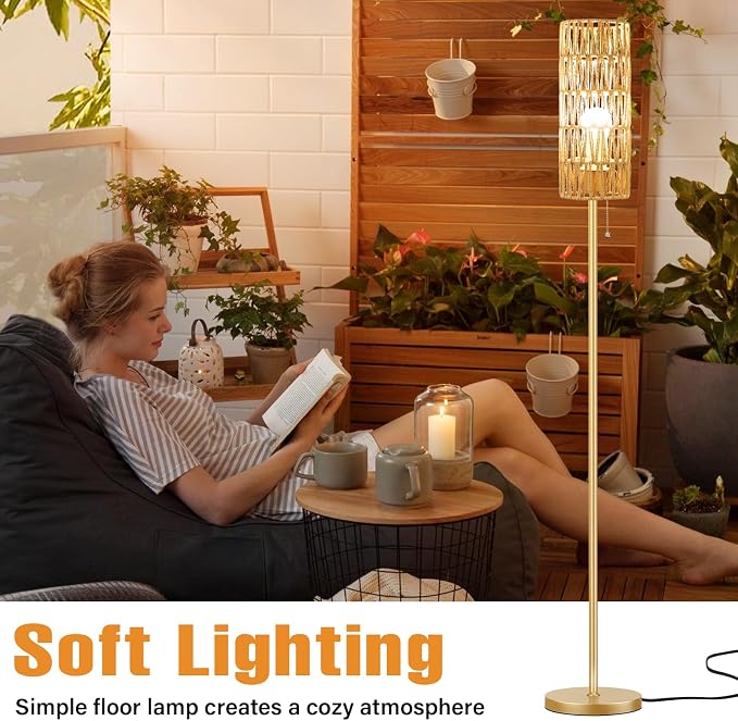 Ambimall 64'' Floor Lamp for Living Room with 3 Color Temperatures Bulb, Boho Gold Standing Lamp with Beige Rattan Shade