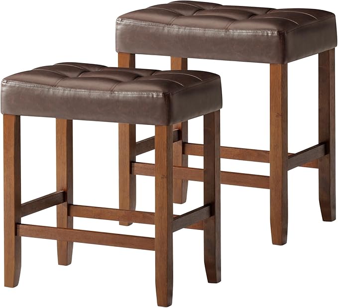 Carte: A La Carte Home Harper 26 Inch Tall Counter Height Backless Stool in True Walnut Wood Finish with Distressed Brown Vegan Leather Seat, Set of 2