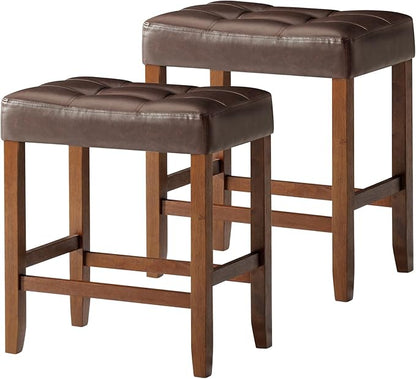 Carte: A La Carte Home Harper 26 Inch Tall Counter Height Backless Stool in True Walnut Wood Finish with Distressed Brown Vegan Leather Seat, Set of 2