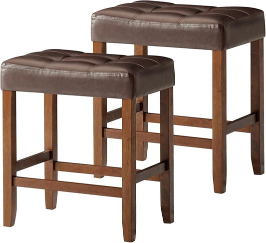 Carte: A La Carte Home Harper 26 Inch Tall Counter Height Backless Stool in True Walnut Wood Finish with Distressed Brown Vegan Leather Seat, Set of 2