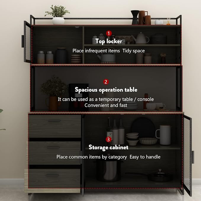 AIEGLE Large Kitchen Hutch Storage Cabinet, Pantry Cabinets with Hutch, Metal Frame Cupboard with Mesh Door, Drawer & Microwave Shelf, Freestanding Kitchen Storage, Rustic (59" W x 15.7" D x 68.5" H)