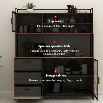 AIEGLE Large Kitchen Hutch Storage Cabinet, Pantry Cabinets with Hutch, Metal Frame Cupboard with Mesh Door, Drawer & Microwave Shelf, Freestanding Kitchen Storage, Rustic (59" W x 15.7" D x 68.5" H)