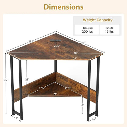 Tangkula Corner Desk with Power Outlet & USB Ports, Triangle Computer Desk with Charging Station, Storage Shelf, Space Saving Writing Desk, Vanity Table, Corner Desk for Small Space (Rustic Brown)