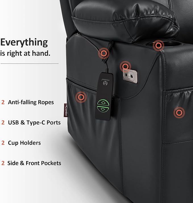 MCombo Power Lift Recliner Chair for Elderly R7042(Black, Small-Wide) | Heat and Massage, Breathable Faux Leather, USB& Type C Charging Port, FSC Certified