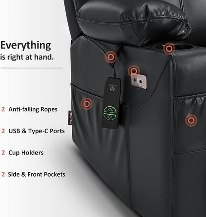 MCombo Power Lift Recliner Chair for Elderly R7042(Black, Small-Wide) | Heat and Massage, Breathable Faux Leather, USB& Type C Charging Port, FSC Certified