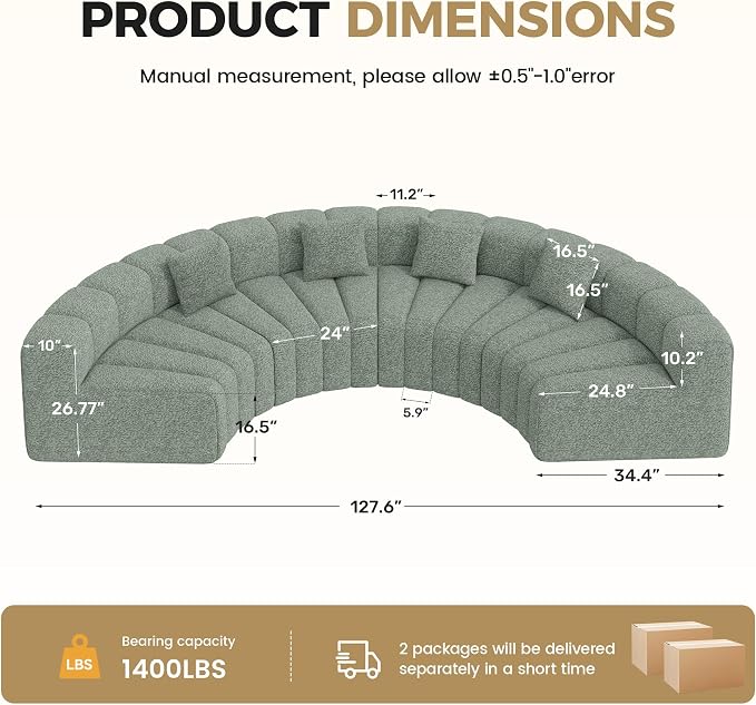 Oversized Curved Sofa, 4 Seater Modular Velvet Cloud Couch, Modern Boneless Sectional Couches for Living Room, No Assembly Required, Light Green 1PC