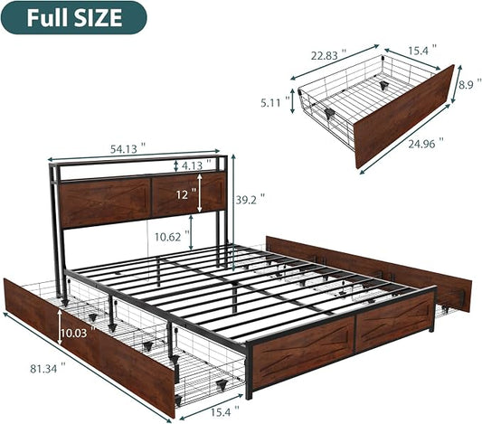 Zevemomo Full LED Bed Frame with 6 Storage Drawers, Farmhouse Headboard w/Charging Ports Station, Full-Size Platform Bed Frame No Box Spring Needed, Metal Structure & Wood Boards, Rustic Bed Frames