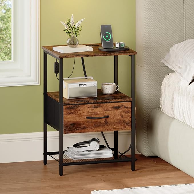 Somdot Nightstand Set of 2 with Charging Station and LED Light for Bedroom, Bedside Table End Table for Dorm Guest Room Bedside Kids Laundry Closet Entryway Hallway, Wood Grain Print