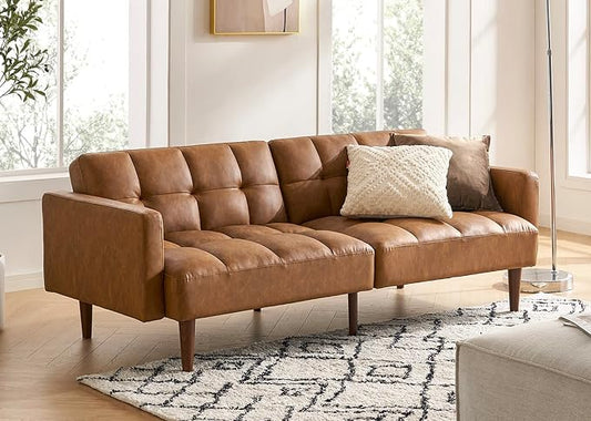 mopio 76.4" Futon Sofa Bed, Couch, Loveseat, Sleeper Sofa, Mid Century Modern Futon Couch, Sofa Cama, Couches for Living Room (Aaron PU, Pecan Brown)