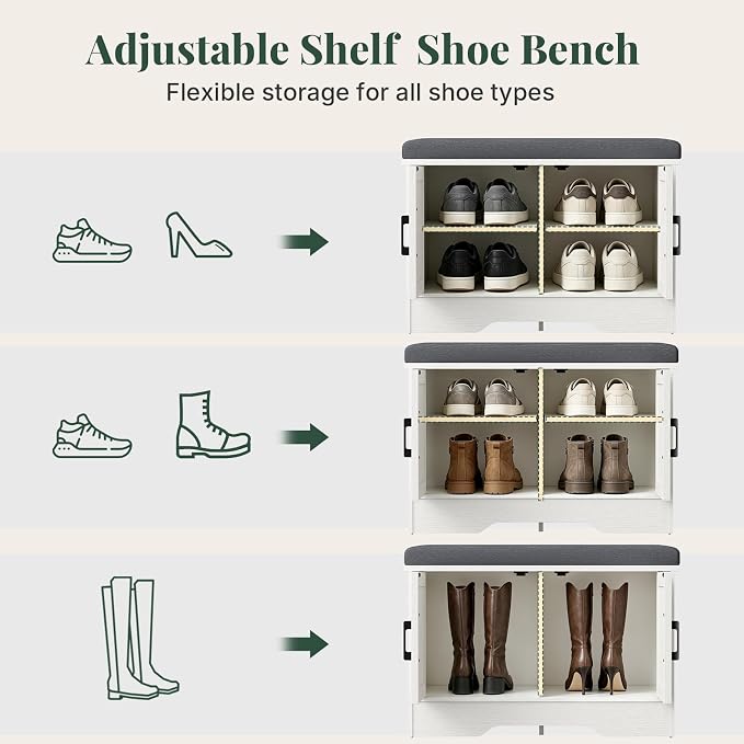 DUMOS 28 Inch Storage Bench, Shoe Organizer Cabinet with Thickened Padded Seat Cushion, Entryway Bench with 2 Doors & Adjustable Shelf for Hallway, Bedroom, Living Room, White