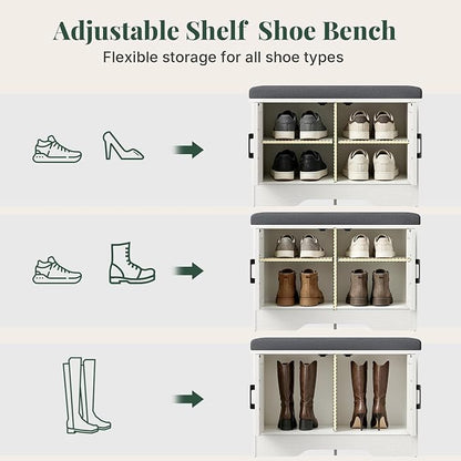 DUMOS 28 Inch Storage Bench, Shoe Organizer Cabinet with Thickened Padded Seat Cushion, Entryway Bench with 2 Doors & Adjustable Shelf for Hallway, Bedroom, Living Room, White
