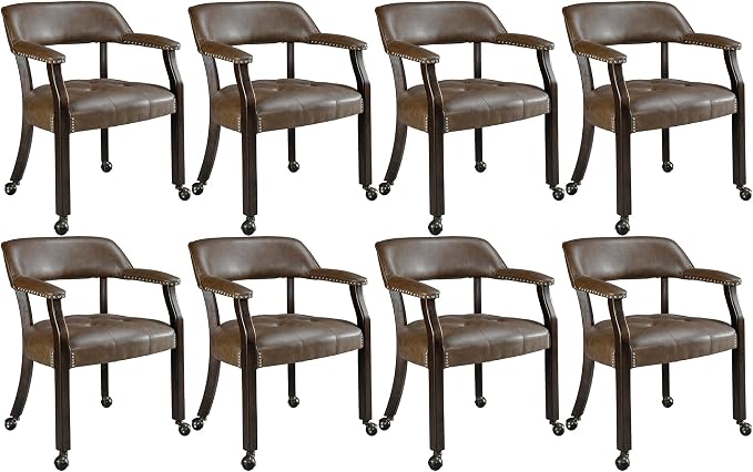 LEEMTORIG Set of 8 Large Dining Chairs with Casters and Arms, Rolling Dining Chairs with Wheels, Wood Boss Caption's Chairs, 26" D x 25.2" W x 31.5" H, Espresso Legs & Choalate PU, XXY-1910-BN