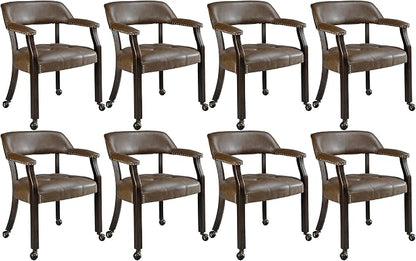 LEEMTORIG Set of 8 Large Dining Chairs with Casters and Arms, Rolling Dining Chairs with Wheels, Wood Boss Caption's Chairs, 26" D x 25.2" W x 31.5" H, Espresso Legs & Choalate PU, XXY-1910-BN