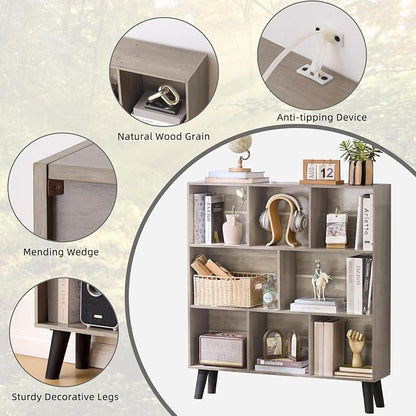 LEYAOYAO 8 Cube Bookshelf,3 Tier Bookcase with Legs,Modern Grey Mid-Century Bookshelves,Large Farmhouse Open Storage Organizer Shelf, Retro Wooden Display Book Case for Bedroom,Living Room,Office