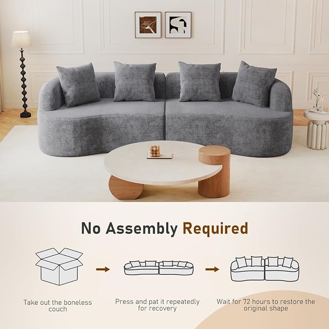 Furnimart 112" Curved Couches for Living Room, Modern Chenille 4-Seater Sectional Sofa Deep Seat with 4 Throw Pillows, Plush Modular Couch, No Assembly Needed, Dark Grey