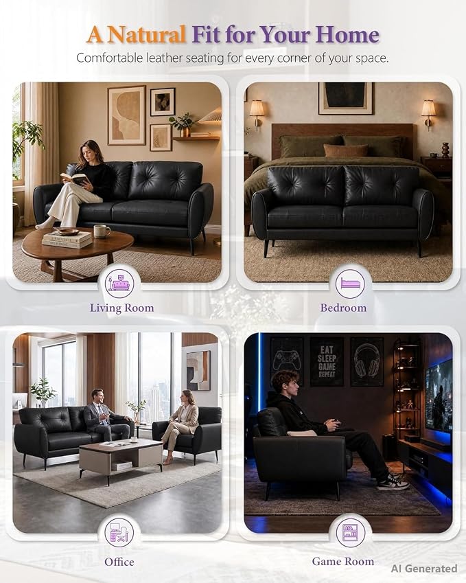 TYBOATLE Sofa Couch 61" Small Loveseat Couches for Living Room Leather Couch Mid Century Modern Tufted Mini Sofa Comfy Office 2 Seat Settee Love Seat for Small Spaces Bedroom (3, Black)