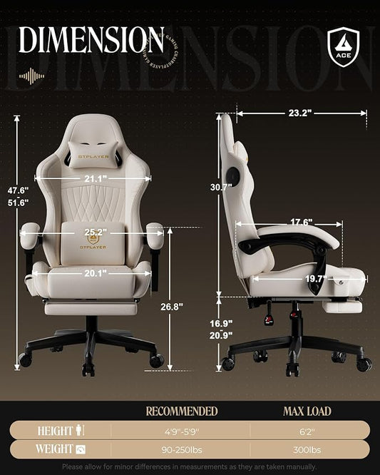 GTPLAYER Gaming Chair for Adults, Ergonomic Computer Game Chairs with Speakers, Footrest & Linkage Armrest, Reclining High Back Silla Gamer for Home Office, Ace Pro, Off-White