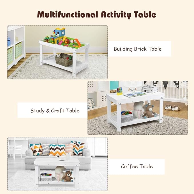 Costzon 2 in 1 Kids Activity Table w/Storage, Patented Building Block Table w/Board for Bricks Crafts Arts Draw, Children Solid Wood Play Table Desk for Preschool Toddler Boy & Girl Gift, White