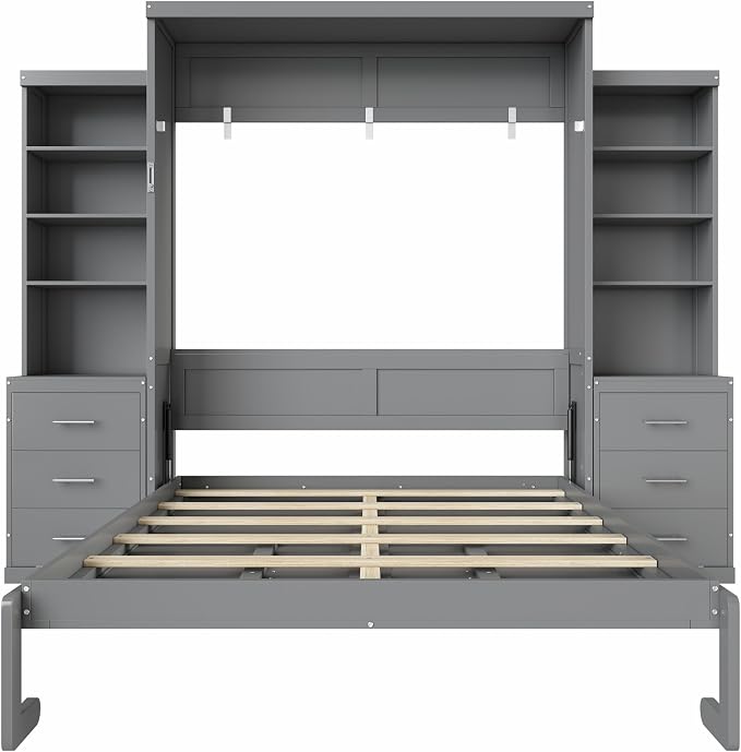 Murphy Bed Queen Size,Murphy Bed with Storage Shelves and Drawers,Wall Bedframe w/Wood Slatk,can be Folded,No Box Spring Needed,for Bedroom Apartment,Gray