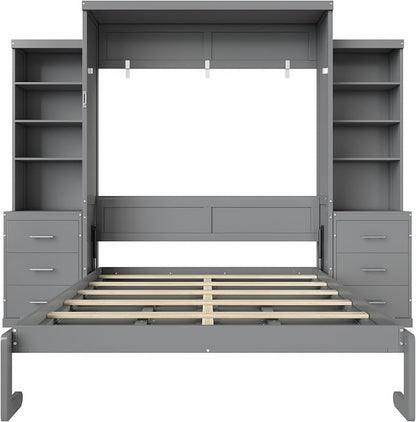 Murphy Bed Queen Size,Murphy Bed with Storage Shelves and Drawers,Wall Bedframe w/Wood Slatk,can be Folded,No Box Spring Needed,for Bedroom Apartment,Gray