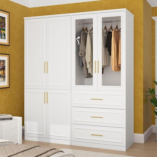 Timechee Almirah for Clothes Combination, White Wardrobe Closet Bedroom Storage Cabinets with Tempered Glass Doors and Shelves, Armoire with Drawers, Large Standing Wardrobe Storage Closet for Bedroom