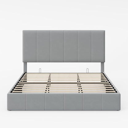 Allewie King Size Velvet Lift Up Storage Bed Frame, Vertical Channel Tufted Headboard, Hydrualic Underneath Storage, Upholstered Platform Bed, Wooden Slats Support, No Box Spring Needed, Gray