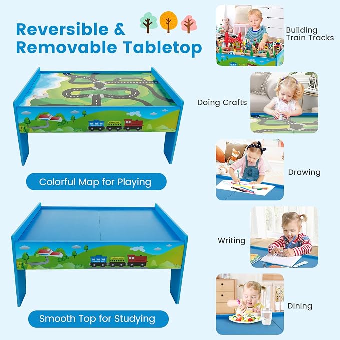 Costzon Train Table, 80 Pcs, Wooden Kids Activity Table Playset with Reversible & Detachable Tabletop, Solid Wood Tracks, Train, Railway, City, DIY Design, Gift for Boys & Girls, Multi-Color