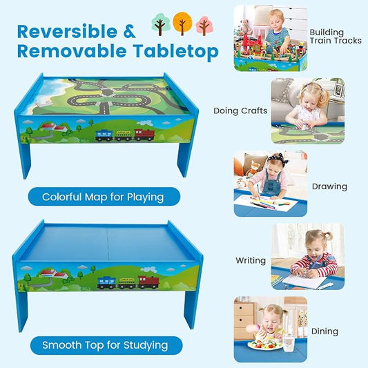 Costzon Train Table, 80 Pcs, Wooden Kids Activity Table Playset with Reversible & Detachable Tabletop, Solid Wood Tracks, Train, Railway, City, DIY Design, Gift for Boys & Girls, Multi-Color