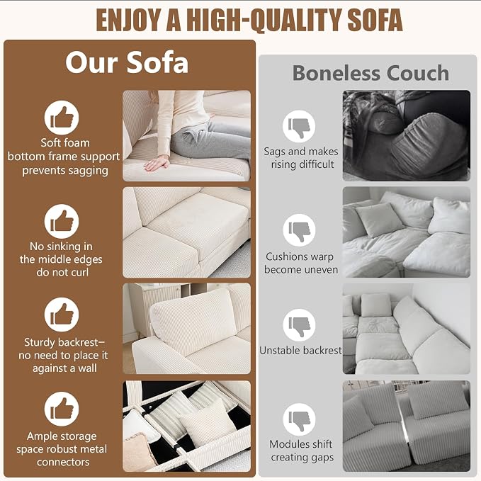 127" Modular Sectional Sofa with Storage, Corduroy 6-Seater U-Shaped Sofa with Ottoman Chaise, Cloud Sectional Couches for Living Room, Apartment