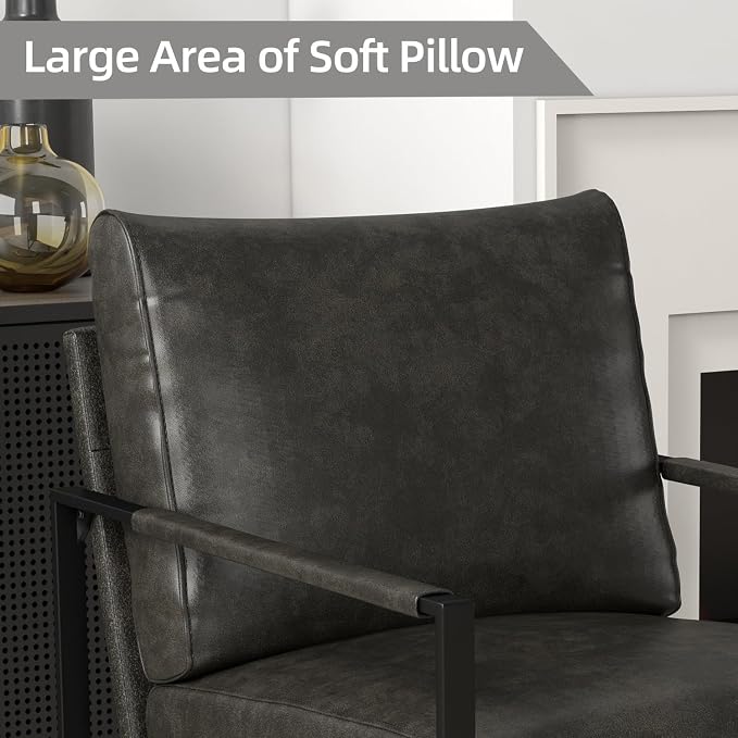 INZOY Leather Accent Chair with Metal Frame, Comfy Living Room Chair with Plump Cushion and Backrest, Mid Century Modern Chair with Sturdy Structure, Easy to Clean, Dark Grey