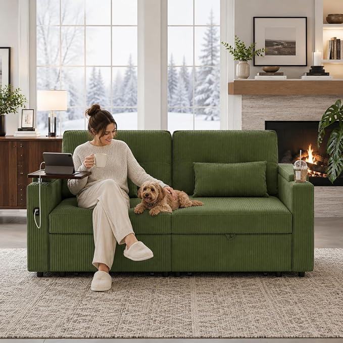73" Queen Size Sofa Bed, Loveseat Sleeper Sofa with Pull Out Bed, 360° Swivel Table and USB, Modern 2 Seater Convertible Corduroy Couch for Living Room Bedroom Apartment, Green