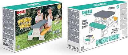 DOLU: Picnic Table for 4: White, Green, Yellow - Indoor/Outdoor, Bench Seating, Durable Waterproof Plastic Toy, 30.3 x 28 x 17, Toddler Kids Age 2+