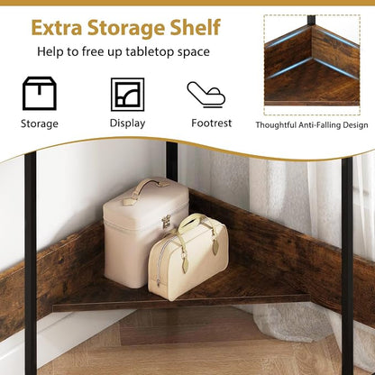 Tangkula Corner Desk with Power Outlet & USB Ports, Triangle Computer Desk with Charging Station, Storage Shelf, Space Saving Writing Desk, Vanity Table, Corner Desk for Small Space (Rustic Brown)